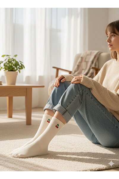 MIROX SOCKS KADIN PAMUK ÇORAP, KIŞLIK KADIN ÇORABI, YILBAŞI KİRAZ NAKIŞLI ÇOR...