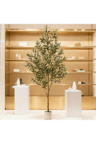BESTONE شجرة زيتون اصطناعية، 242 سم، نسيج نباتي صناعي، وعاء عملي أبيض للاستخدام الداخلي والخارجي في المكتب المنزلي