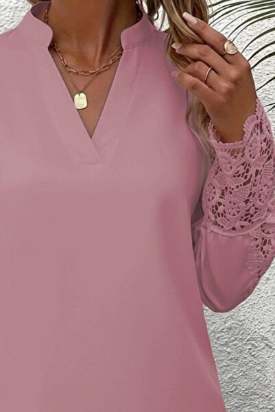 Mossta Hakim Collar Lace Sleeves Imported Crepe Blouse - Pink