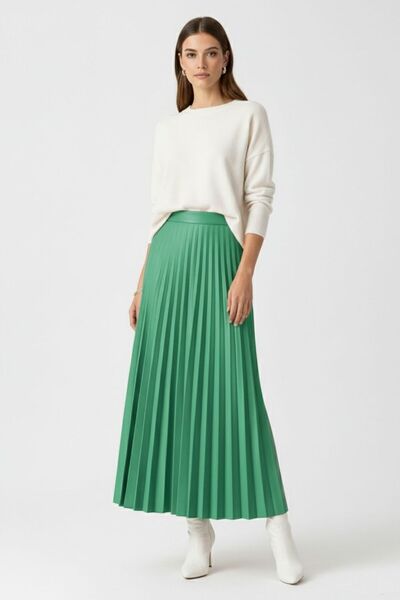 Mizalle Deri Görünümlü Piliseli Yeşil Maksi Etek