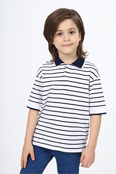 Toontoy Boys' Striped Polo Neck Buttoned Short Sleeve T-Shirt