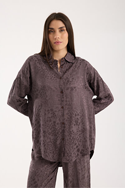 DeChival Women's Printed and Textured Shirt - Loose Long Shirt