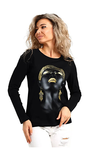 ELNOYA سويت شيرت مريح بأكمام طويلة للجنسين باللون الأسود مطبوع