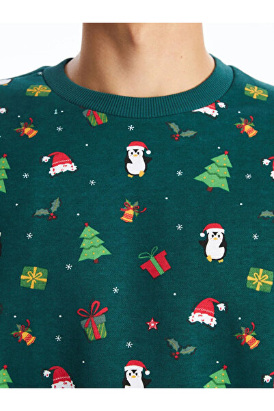 LC Waikiki Xside Green Crew Neck Long Sleeve Christmas Themed Men's Thick Sweatshirt