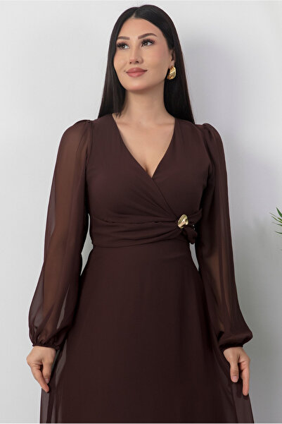 Afiş Butik Кафява дамска рокля с дълъг ръкав, шифон, кръстосана деколте и колан в талията