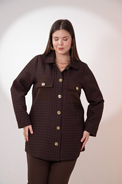 Roxxlen 3330725 Μπουφάν με κουμπιά μεγάλου μεγέθους με καπιτονέ καφέ