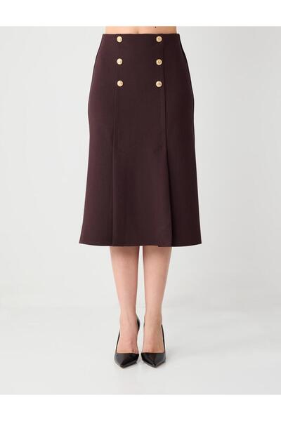 Jimmy Key Fusta Midi din material subțire Bitter Brown cu detaliu cu nasturi la talie normală