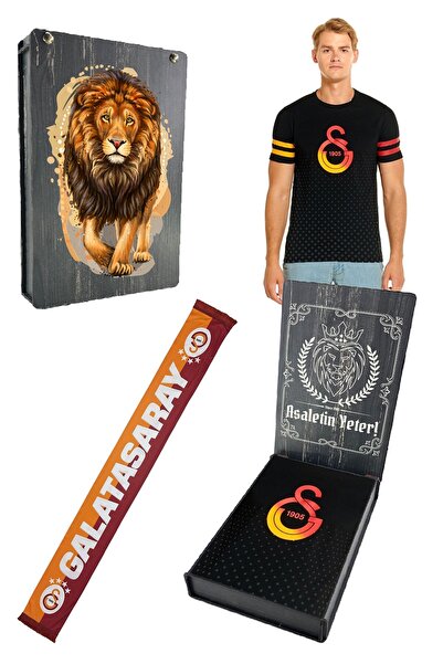 Galatasaray Original Logo Printed Black T-Shirt + Gs Scarf Gift Set Special Design Ahş