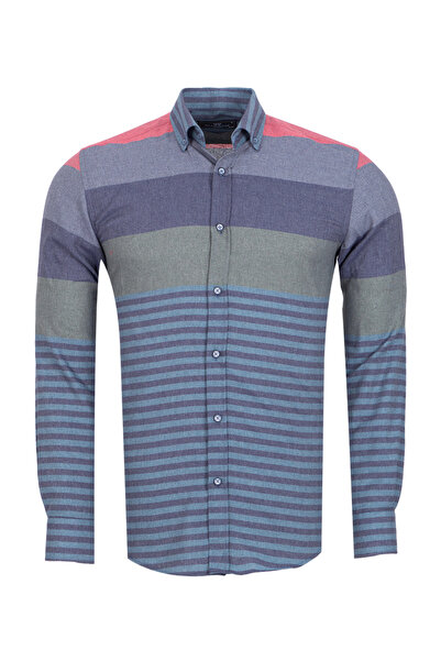 MAKROM Men's Soft Color Block Striped Woven Shirt – Gray Blue Navy Blue