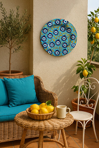 ATAGİFT HEDİYELİK Nazar Boncuğu Desenli Metal Duvar Dekor Tabağı – Turkuaz Mavi Pano Sunumluk Tabak