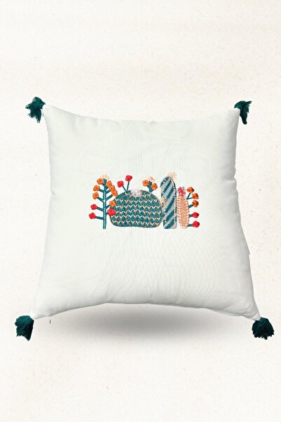 Elegancembroidery Kaktüs Nakışlı Keten Kırlent | Ponpon Detaylı, Silikon Dolg...