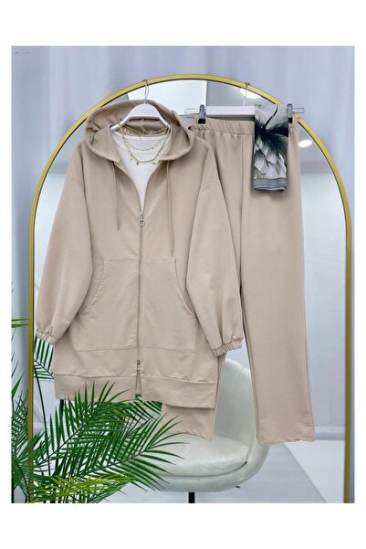 YEDİLALE Hooded Zippered Kangaroo Pocket Casual Jacket Pants Two-Piece Set
