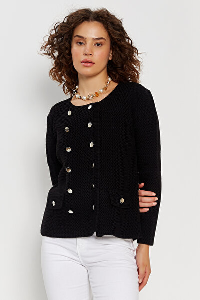 Hopoi Women's Metal Buttoned Double-Breasted Short Cardigan