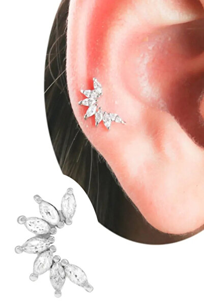 Cadının Dükkanı Zirkon Taşlı Yaprak Model 316L Cerrahi Çelik Helix Kıkırdak Piercing