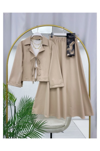 YEDİLALE Combed Cotton Jacket Skirt Dual-Piece Set with Front Tie Collar [Unlined, Jacket and Skirt Are Included in the Price.]
