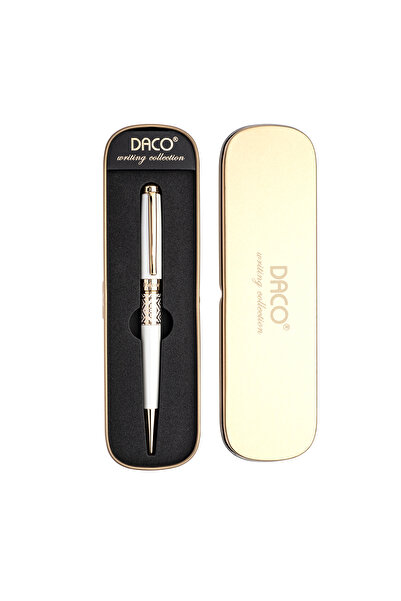 Daco Pix metalic alb cu model folcloric, mină 1 mm tip Parker, etui cadou elegant