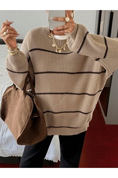 Dier Moda Women's Thin Striped Crew Neck over Size Knitwear Sweater, Knitwear Sweater Fmoda1200