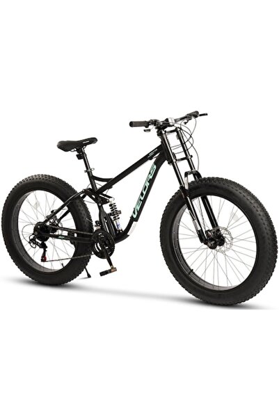 VELORS ERB26309 Bicicletă MTB Fat Bike 26", Full Suspension, 21 de viteze, Frâne pe disc, Negru/Turcoaz