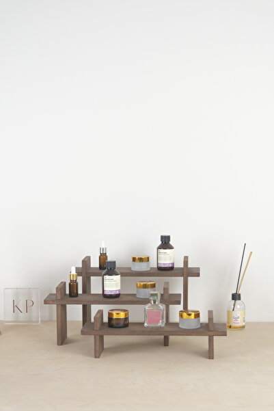 Kpleksi Mira ceviz ahşap stand 3 lü Sunum Sabun Kozmetik Porselen Parfüm Ürün Vitrin Yükseltici Stand