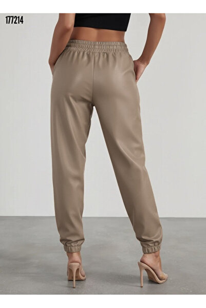 moda wanilia High Waist Stretchy Waistband Button Detail Leather Pants