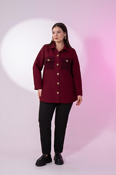 Roxxlen 3330725 Μπουφάν με κουμπιά μεγάλου μεγέθους με καπιτονέ λεπτομέρεια μπορντό