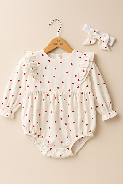 Little Ya Ya Love Tu&Di̇ Heart Detail Ruffled Romper & Bandana Set