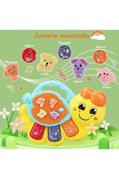 RCO Interactive musical toy with functions and lights, Mini Yellow Caterpillar Organ, 15x11 cm, +12 months