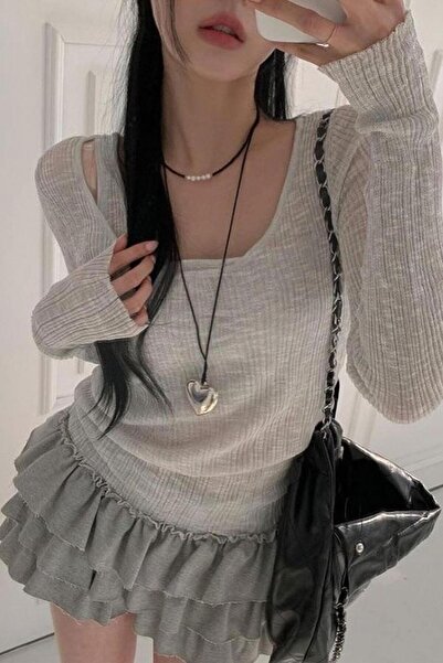 Karakedi Vintage Style Attached Strap Madonna Collar Y2K Long Sleeve Crop Blouse