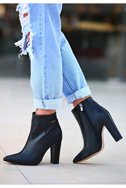 meSga butik Loora Black Leather Heeled Boots