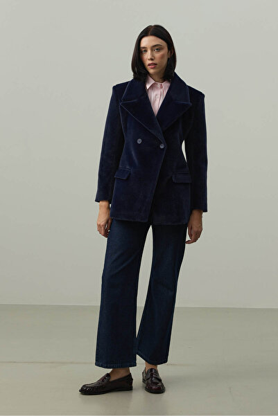 Fahhar Belted Cashmere Blazer Jacket Navy Blue