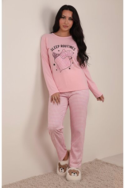 Niket Life Women's Sleep Routines Six Patterned Interlock Crew Neck Long Sleeve Six Long Pajama Set