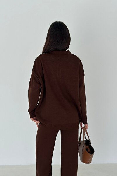 Noi Belis Baklava Pattern Polo Neck Half Placket Button Knitwear Bottom-Top Set Aw25Au0038