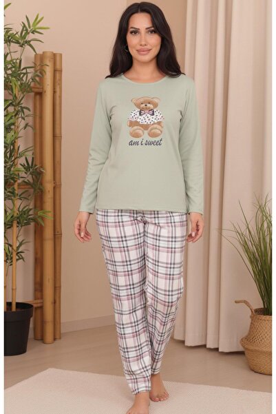 Niket Life Women's Teddy Bear Printed Six Plaid Patterned Interlock Crew Neck Long Sleeve Six Long Pajama Set