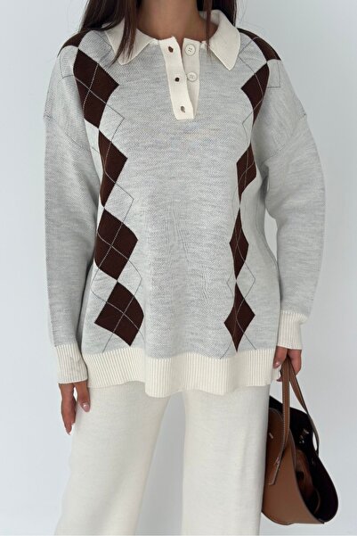 Noi Belis Baklava Pattern Polo Neck Half Placket Button Knitwear Bottom-Top Set Aw25Au0038