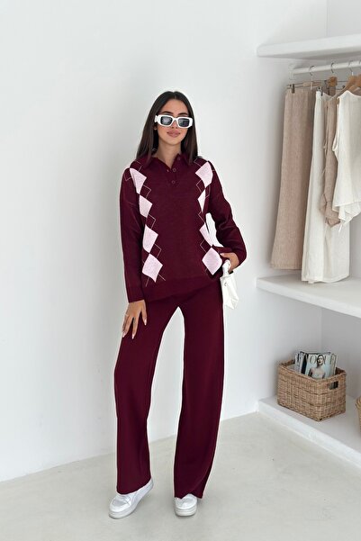 Noi Belis Baklava Pattern Polo Neck Half Placket Button Knitwear Bottom-Top Set Aw25Au0038