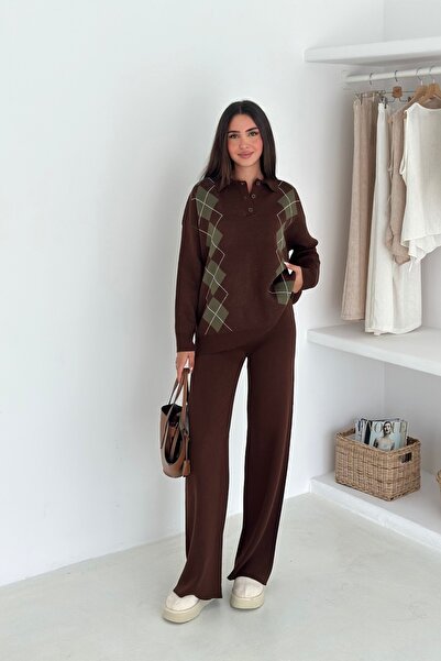 Noi Belis Baklava Pattern Polo Neck Half Placket Button Knitwear Bottom-Top Set Aw25Au0038