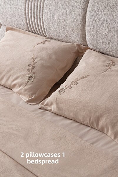 BUGİ HOME COLLECTİON Seren Pattern Double Embroidered Bedspread Set Chenille Fabric Punch Embroidered 240X260Cm