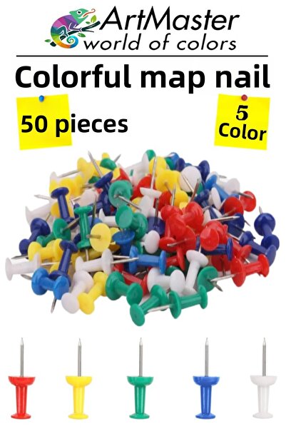 Artmaster Mapa colorată cu ace 50 bucăți într-un pachet Ace pentru tablă de p...