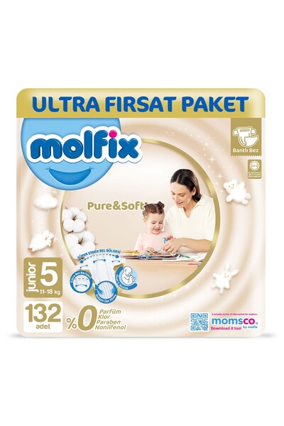 Molfix Pure & Soft Baby Diapers Size 5 Junior 132 Pieces