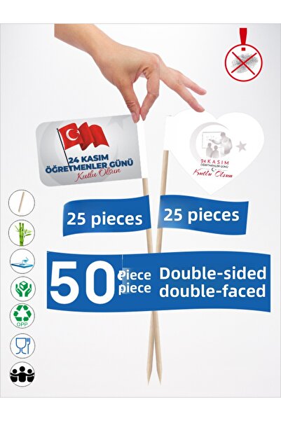 Bayrak Kürdan Teacher's Day Gift Food Presentation Toothpicks 2 Different Models 50 Pieces