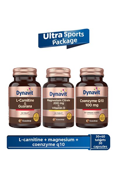 Dynavit إل-كارنيتين وغوارانا ومغنيسيوم سيترات 200 ملغ وفيتامين د والإنزيم المساعد كيو10 100 ملغ - حزمة الترا سبور