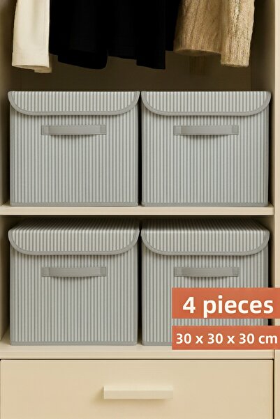 PH Prendi Home 4-Piece Gray Striped Lid Cabinet Organizer Box - 30X30X30 cm Foldable Storage Box
