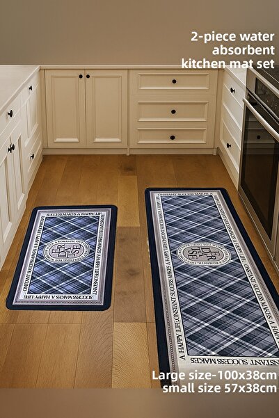 Destpak 2 Pcs Patterned Water Absorbent Kitchen Mat Set - Extra Thick - Magic Bath Mat - Non-Slip Base