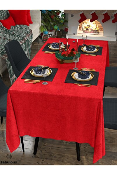 FAVOLLİ Velvet Textured Red Color Tablecloth