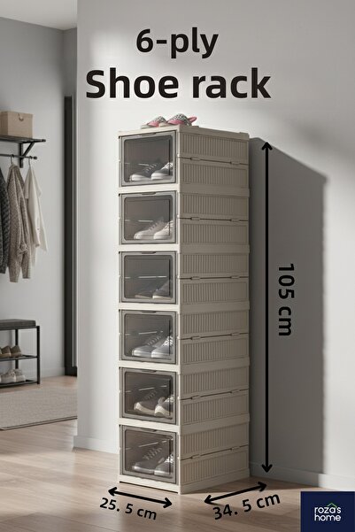 Dükkanönü مجموعة صندوق أحذية فاخر مكون من 6 طبقات من رف الأحذية القابل للطي والقابل للتكديس باللون البني