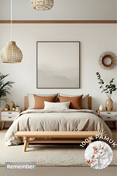 Anılsan Plain Beige King Size Fitted Sheet Buttoned Ranforce Duvet Cover Set 100% Cotton 2 Pillowcases