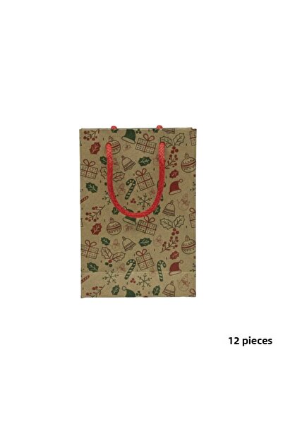 roco paper New Year Patterned Kraft Cardboard Bag Set - 12 Pieces, Party, Christmas, Gift Bag, Red Drawstring, 12X17 cm