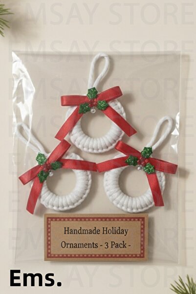 Emsay Store Mini Christmas Macrame Set of 3 Christmas Tree Ornaments with Red Ribbon