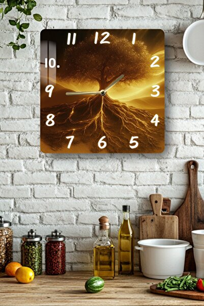 kutuTR 3D Look Tempered Glass Square Clock – Golden Tree and Roots Uv Printin...
