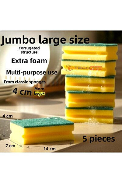 Technow Jumbo Large Size Vip Quality 14 X 7 cm Corrugated Dish Sponge 5 Pieces